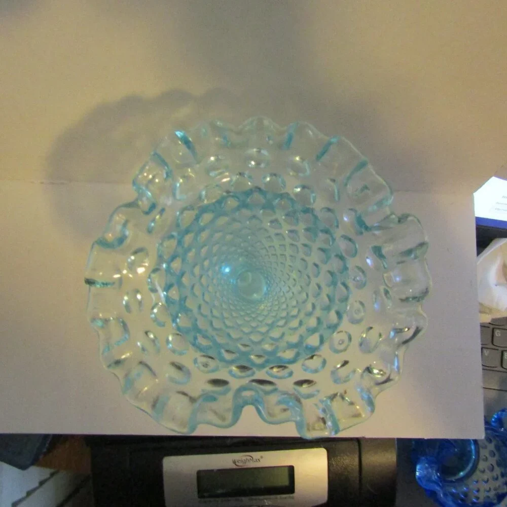 Vint Fenton 5.5” Hobnail Pattern Crimped Ruffled Top Vase Clear Pale Turquoise